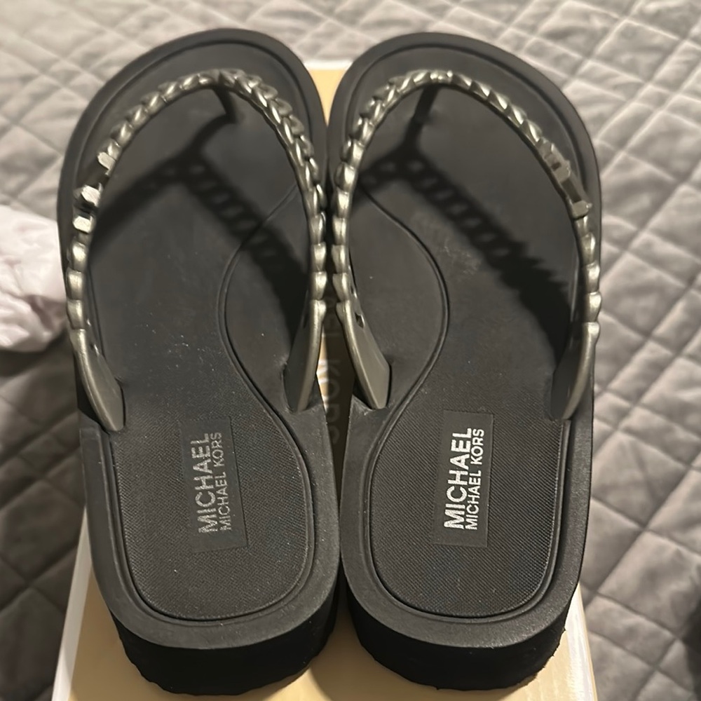Michael Kors Black Flip Flops with Silver Straps